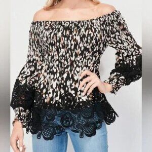 Off Shoulder Leopard Print Lace Detail Smocked Top